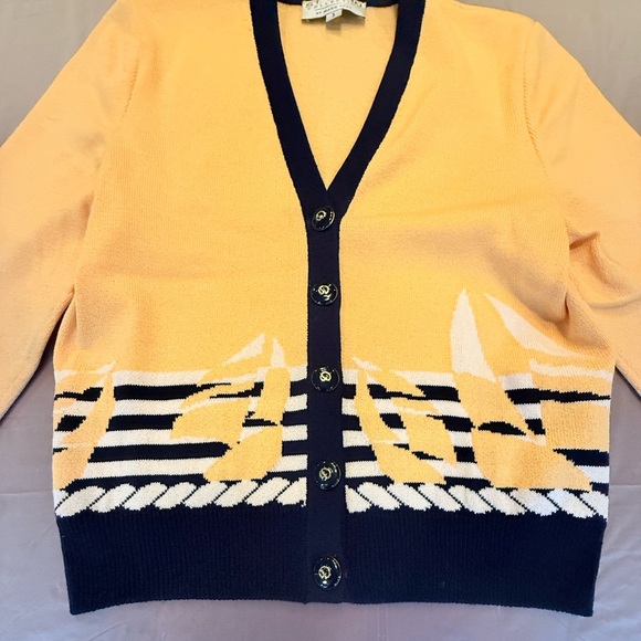 St John Vintage Yellow/Navy Nautical V-neck Cardigan Sweater Size Small MSRP$695 - Picture 5 of 10